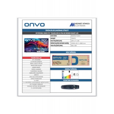 Onvo OV70F500 70″ 178 Ekran Uydu Alıcı 4K Ultra HD webOS Smart LED TV (Çerçevesiz)